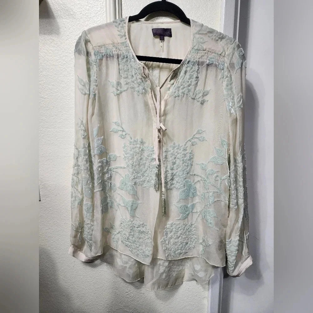 Hale Bob Silk Ivory Floral Vestige Blouse Size Small Whimsical Spring Vacation